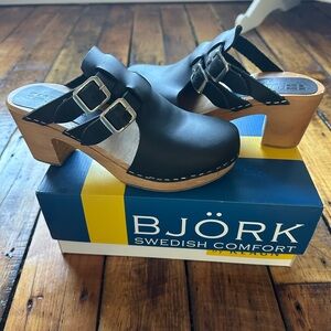 Björk Swedish Comfort Black Leather Clog Mules with Buckle Straps